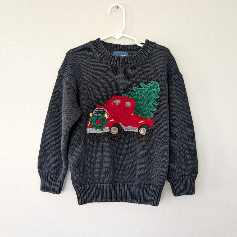 Bowen & Wright Christmas Tree Truck Knit Sweater Little Boys Size 5 Navy Blue